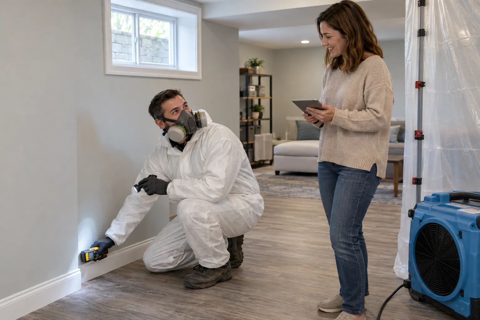 A local provider in protective gear inspecting a basement wall for mold in a home in Eagle Mountain