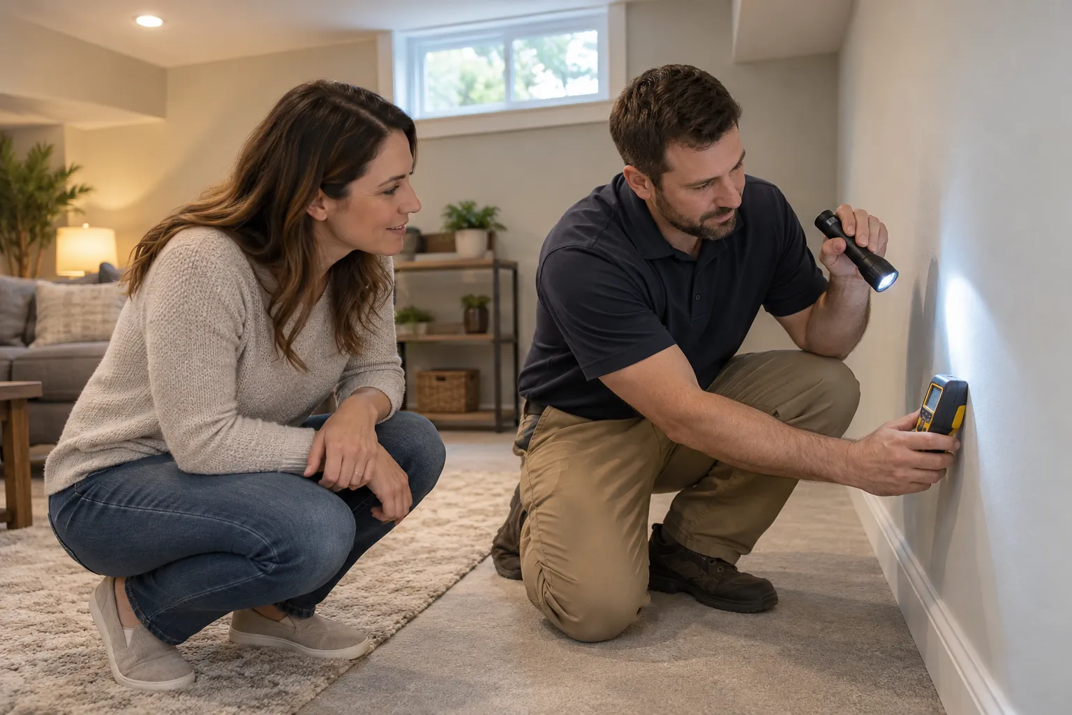Homeowner looking at a basement wall with a local mold provider near Eagle Mountain